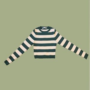 Zara Green and Cream Striped Long Sleeve Crop Top